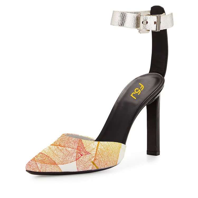 Women's Yellow Leaves Printed Ankle Strap Sandals |FSJ Shoes
