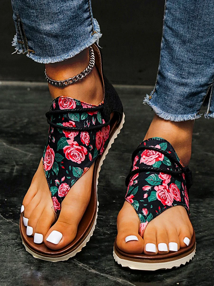 Rose Print Lace-up Thong Sandals