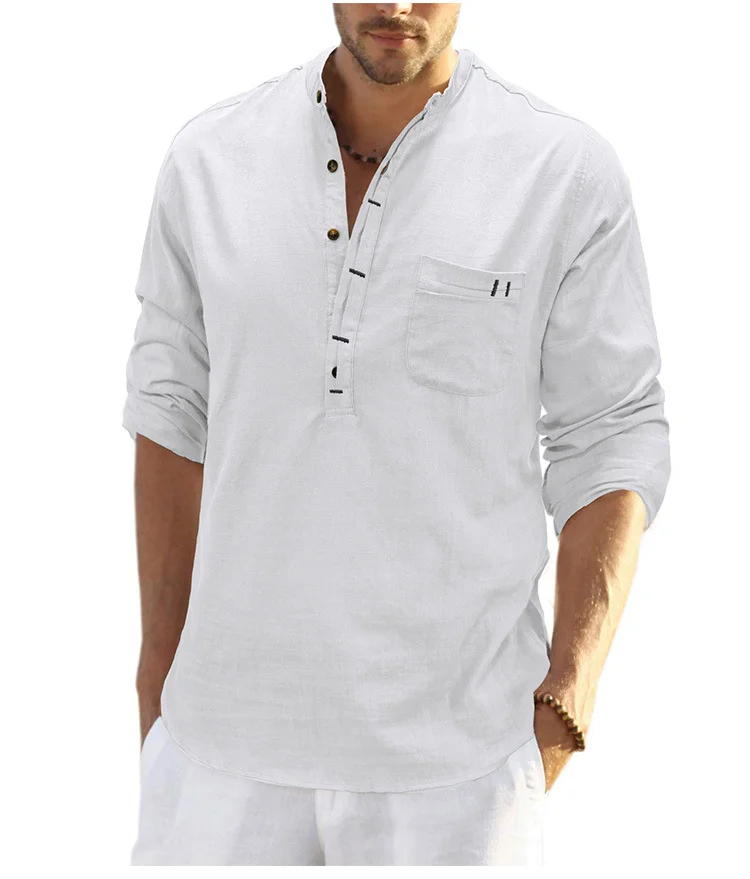 men's stand collar cotton linen shirt