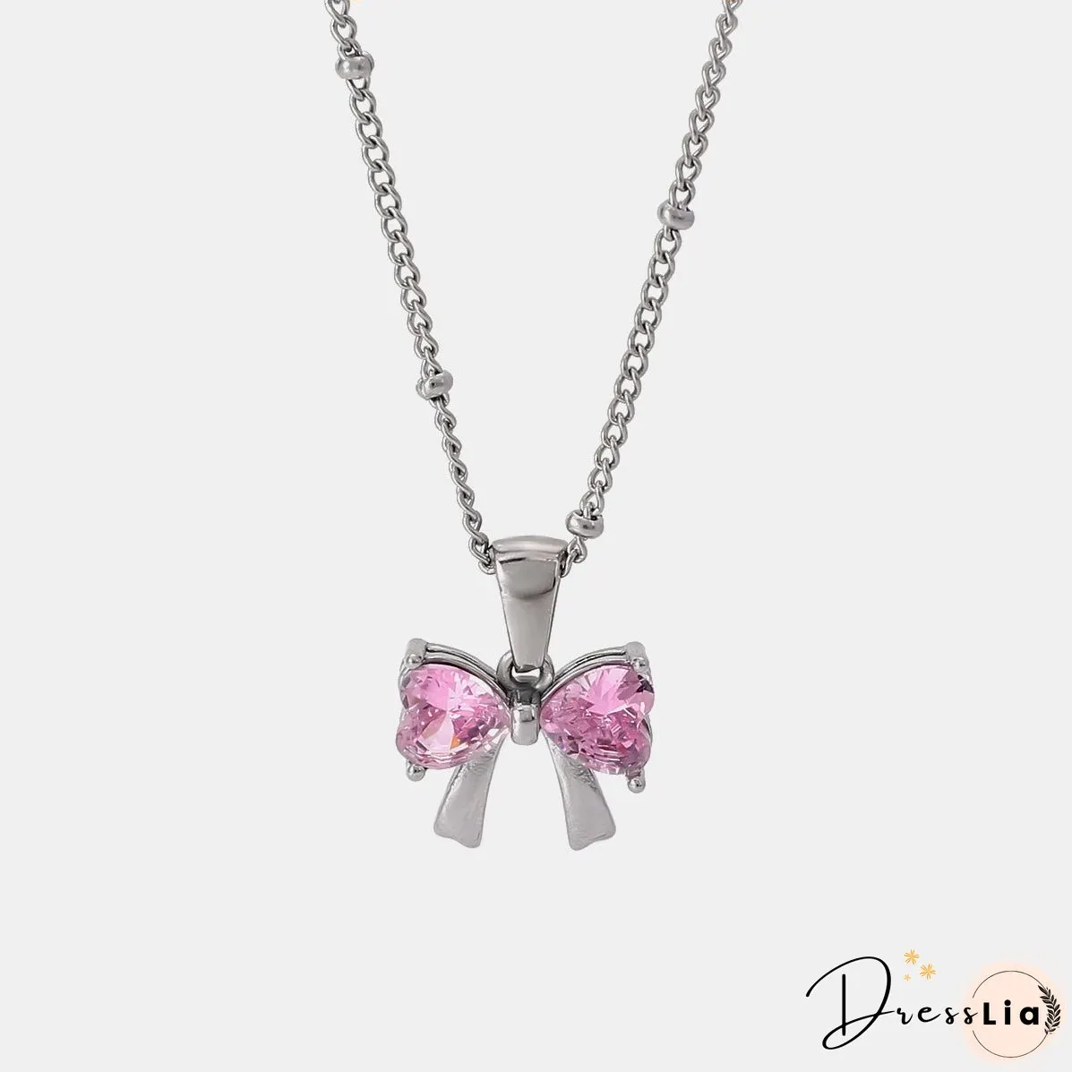 Stainless Steel Inlaid Zircon Bow Necklace