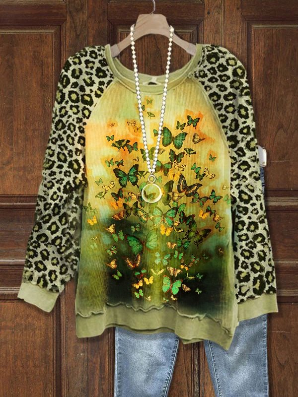 Vintage Butterfly Print Leopard Sweatshirt Tops Pullover