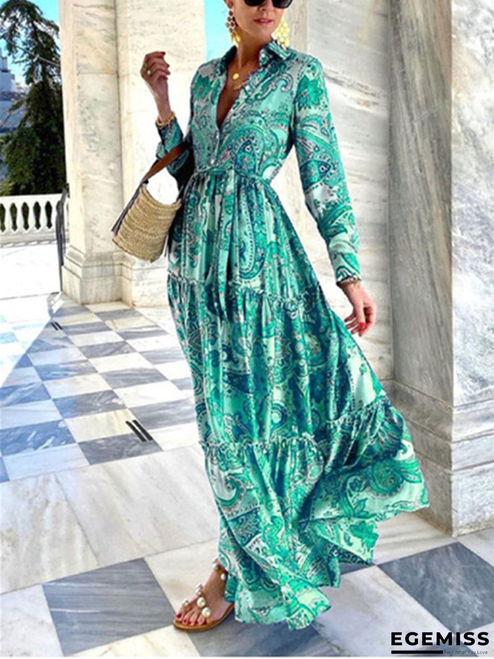 Elegant Long Sleeve Dress Floral Maxi Dresses | EGEMISS