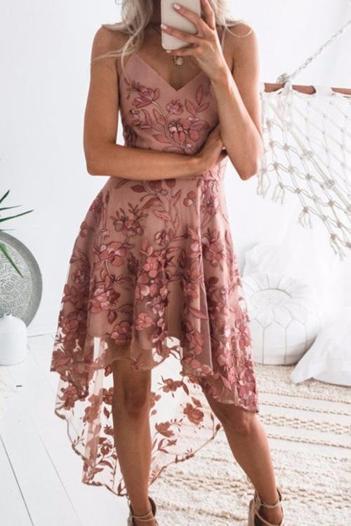 Sexy Lace Patchwork Mid Calf High Low Dress-elleschic