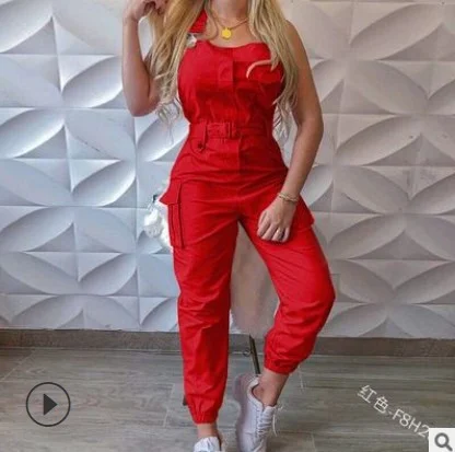 Uveng Uveng Women's Work-Packed Pocket Design Jumpsuit Sleeveless Backs And Trousers Simple Restraints Trousers + Belts