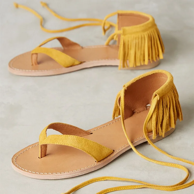 Mustard Vegan Suede Thong Sandals Fringe Lace Up Trendy Flats |FSJ Shoes