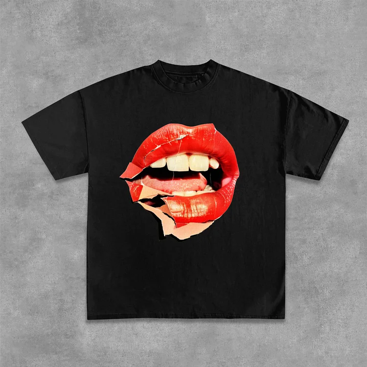 Collage Red Lip Graphic Design Cotton T-Shirt SOPULA