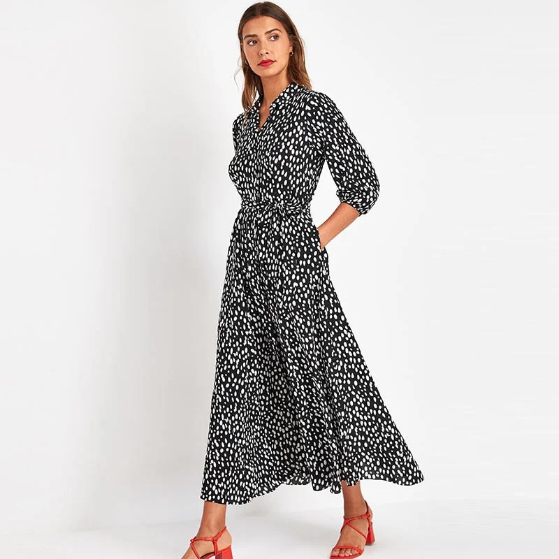 Aachoae Women Turn Down Collar Office Shirt Dress 2021 Dot Print Casual Long Dresses Female Three Quarter Sleeve Sashes Dress