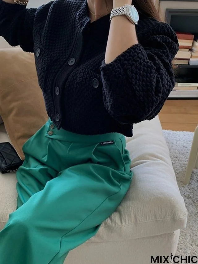 Women's Cardigan Sweater Jumper Waffle Knit Hollow Out Button Solid Color Crew Neck Casual Daily Weekend Winter Fall Green Black One-Size