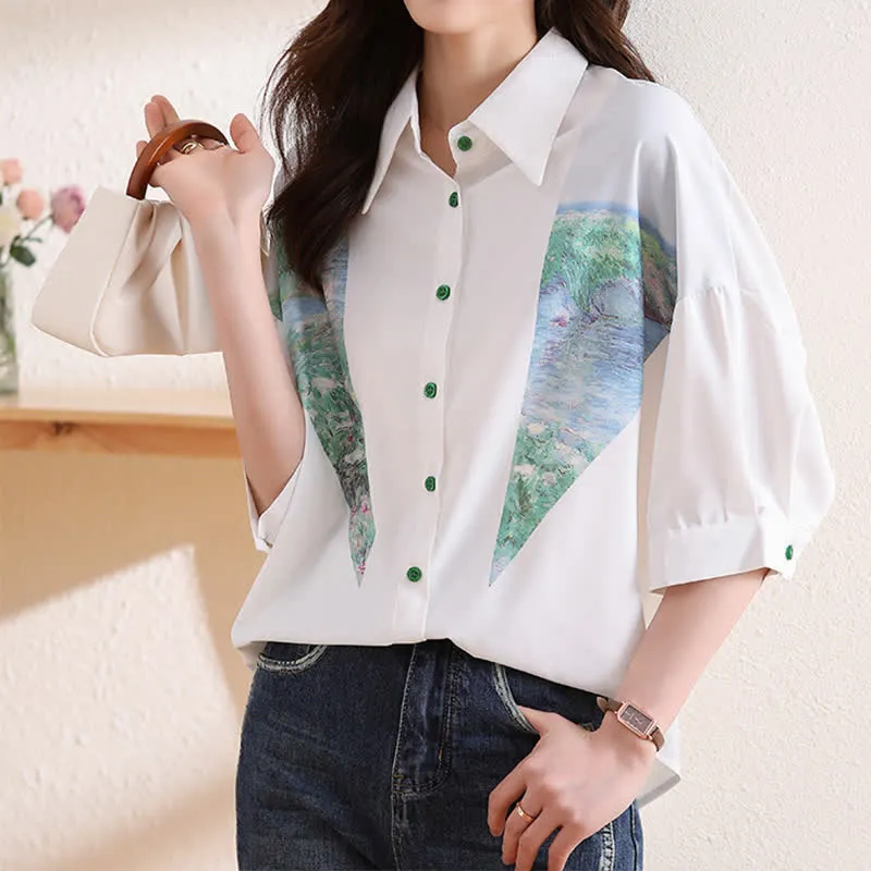 Chic Painting Print Chiffon Lapel Shirt Workwear