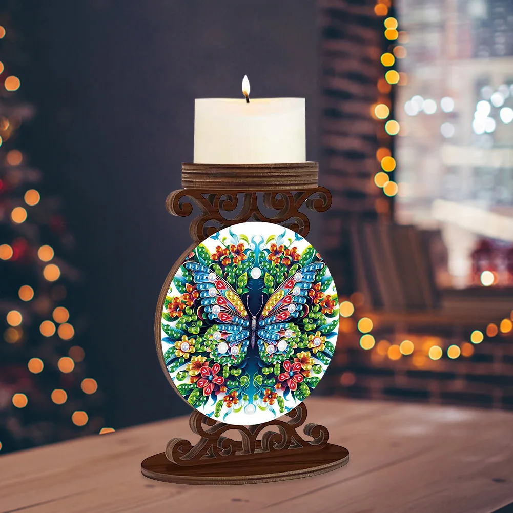 Wooden Diamond Painting Candle Holder Rhinestone Candlestick Decor (Butterfly)