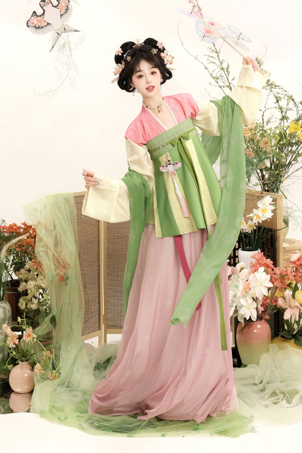 Tang Dynasty Four Colors  Hanfu Dress with Chest-high Ruqun and 5-Piece Set - xiaotaochun 小桃春 Stupa Stones