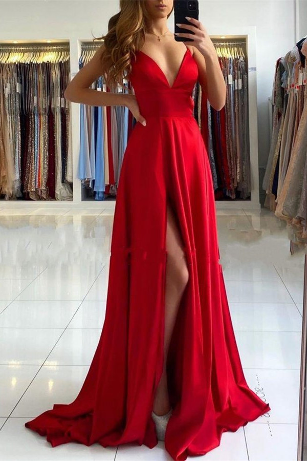Red V-Neck Prom Dress With Split PD094