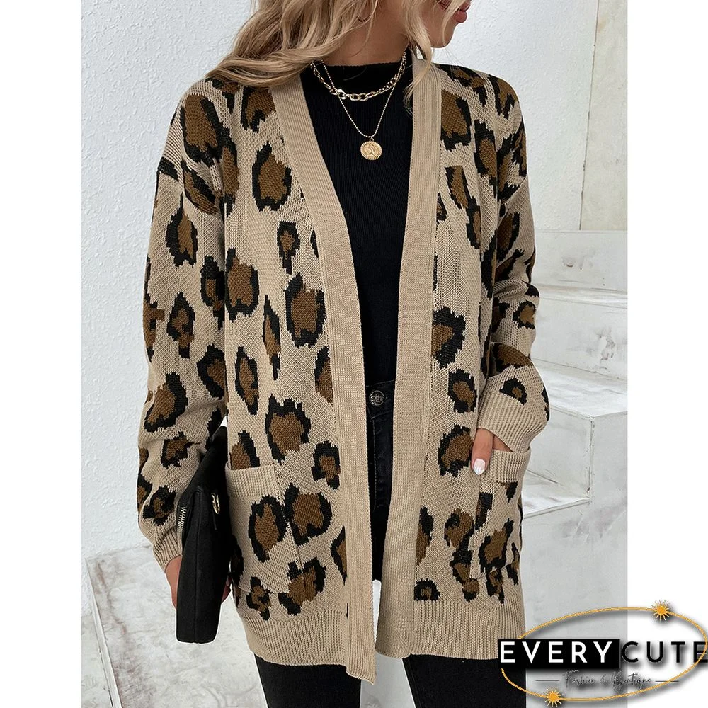 Khaki Contrast Leopard Print Pocket Open Front Cardigan