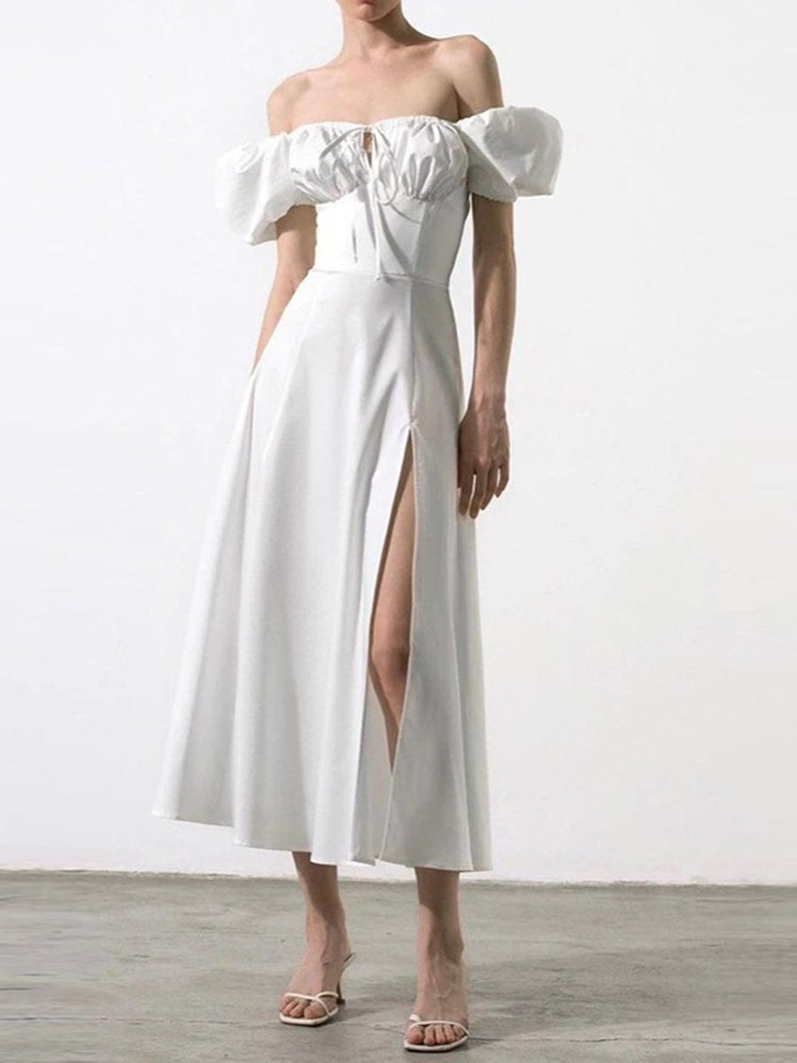 Off Shoulder Puff sleeves Drawstring Midi Dress