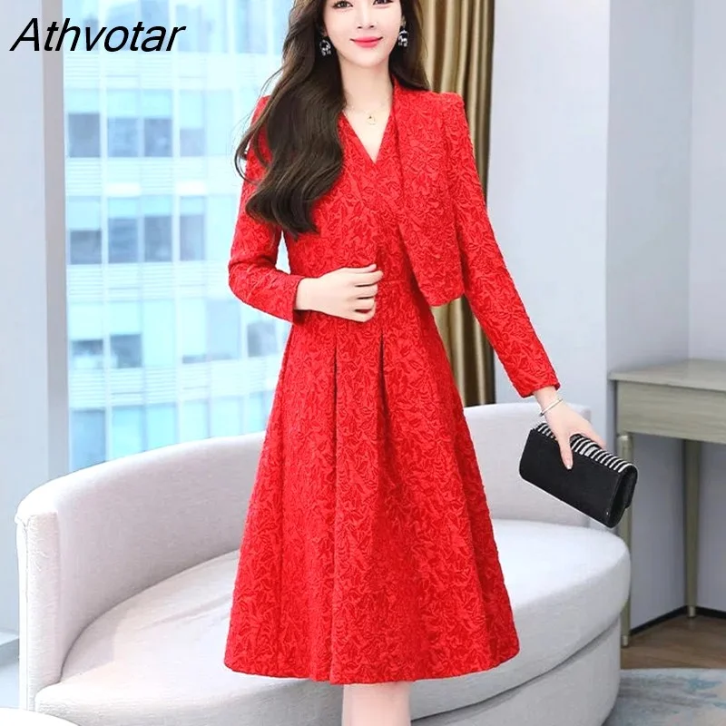 Athvotar Jacquard Dress Suit Korean V Neck Pleated A-Line Tank Dresses Matching Cardigan Ensemble Femme 2 Piece Set Women Outfits