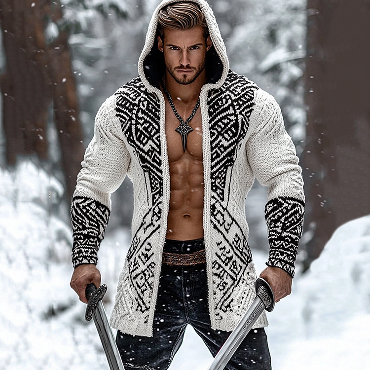 Men's Viking Geometry Pattern Jacquard Cozy Cardigan Sweater