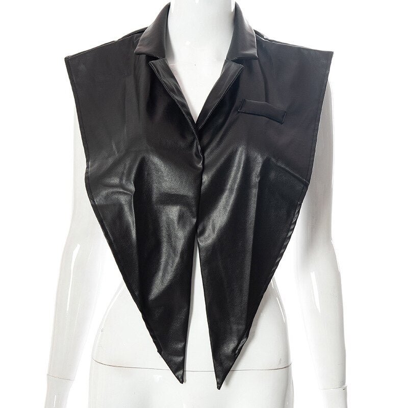 Women Notched Collar Faux Leather PU Tank Tops Ladies Sexy Sleeveless Shawl Vest 2021 Fall Harajuku Lolita Clothing