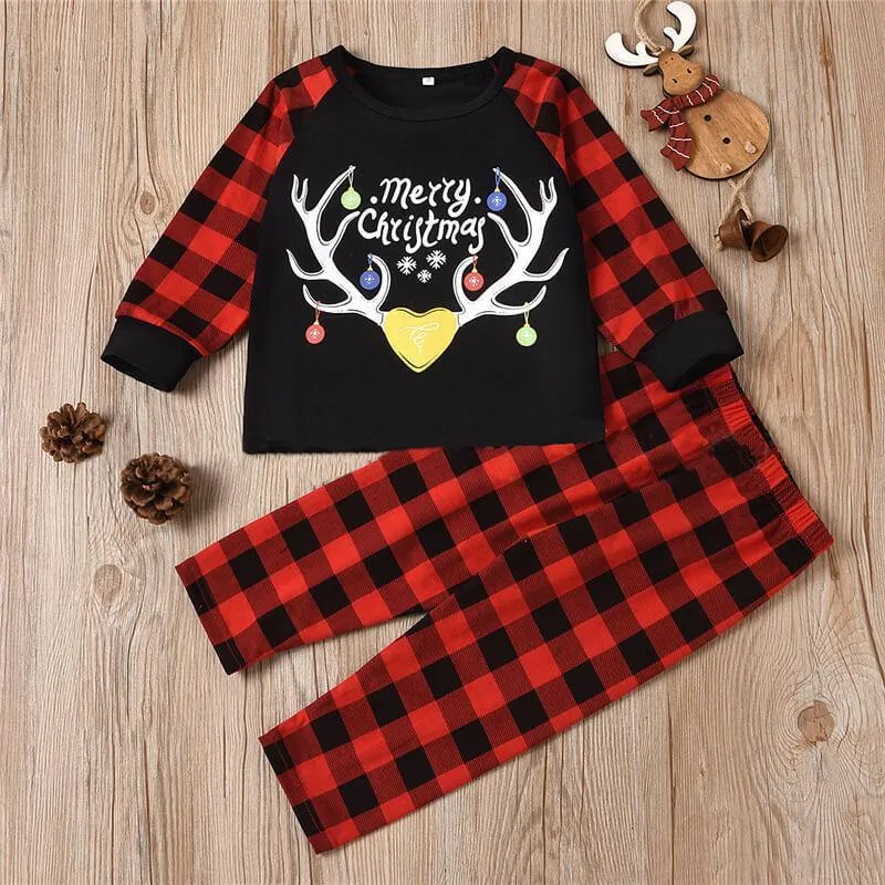 Merry Christmas Deer Antlers Print Red Plaid Family Matching Pajamas Sets