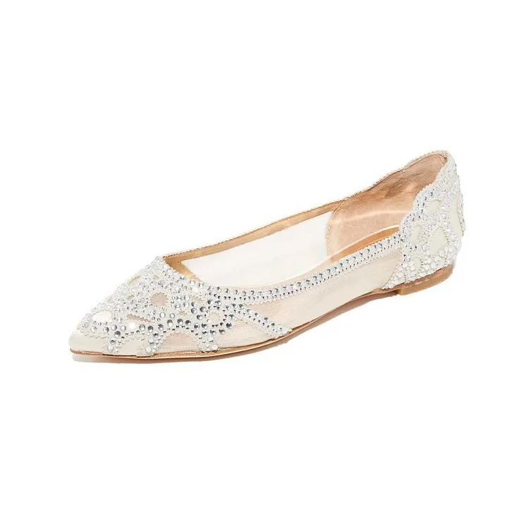 Ivory Satin Rhinestone Pointed Toe Flat Wedding Shoes for Women |FSJ Shoes