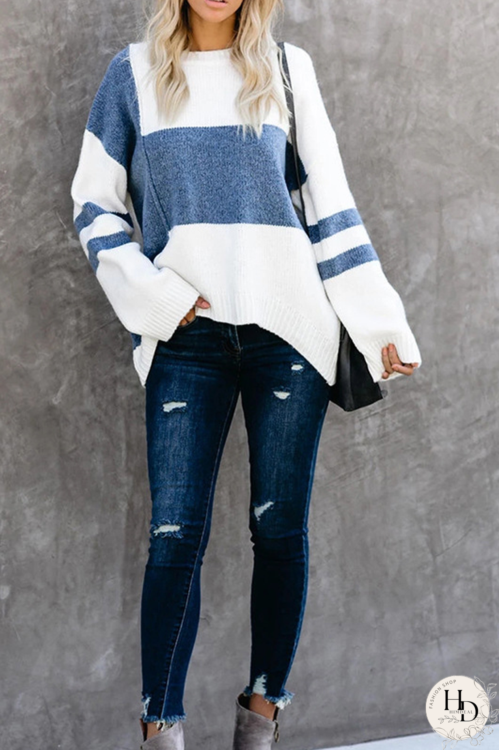 Round Neck Stitching Knit Sweater