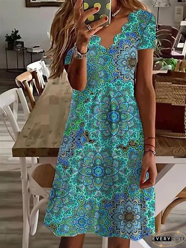 Casual Dress Summer Dress Print Dress Floral Butterfly Print Scalloped Neck Mini Dress Active Fashion Outdoor Daily Short Sleeve Regular Fit Black Blue Purple Summer Spring S M L XL XXL for Women