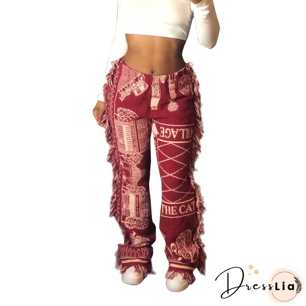 Side Tassels Patchwork Elastic Waist Women Print Jogger Pant