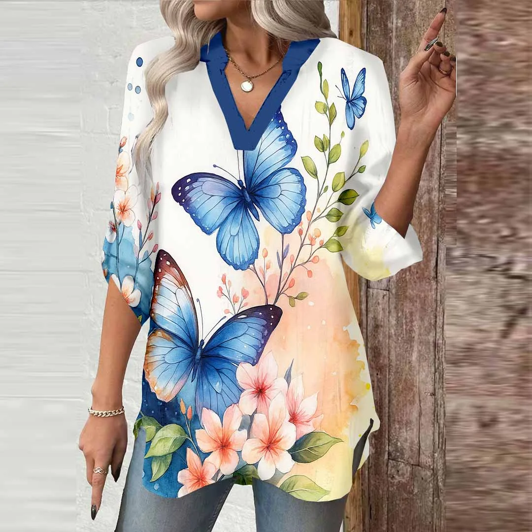 Women Butterfly,Blue,Pink DZGA0731 3/4 Sleeve V-neck Printed Graphic Button Tops