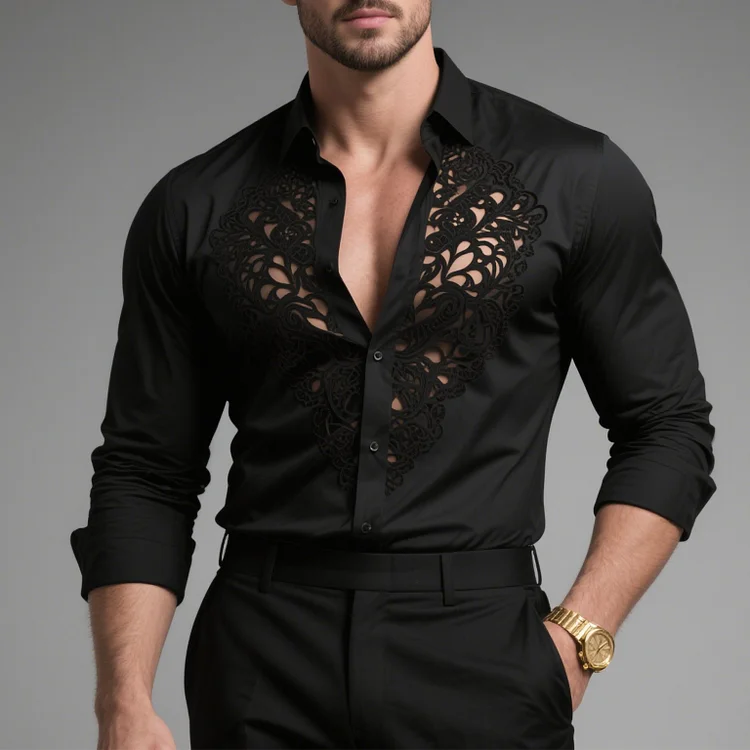 Okaywear Burn Out Hollow Turndown Collar Button Long Sleeve Shirt Okaywear