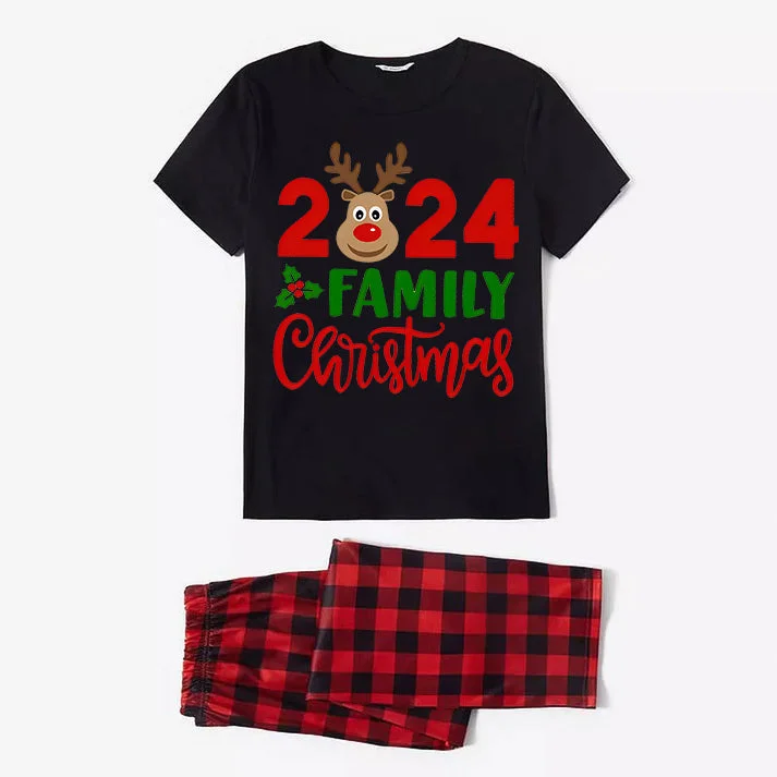 "2024 Family Christmas" Moose Letter Prints Black Short Sleeve with Red & Black Plaid Pant Family Matching Pajamas
