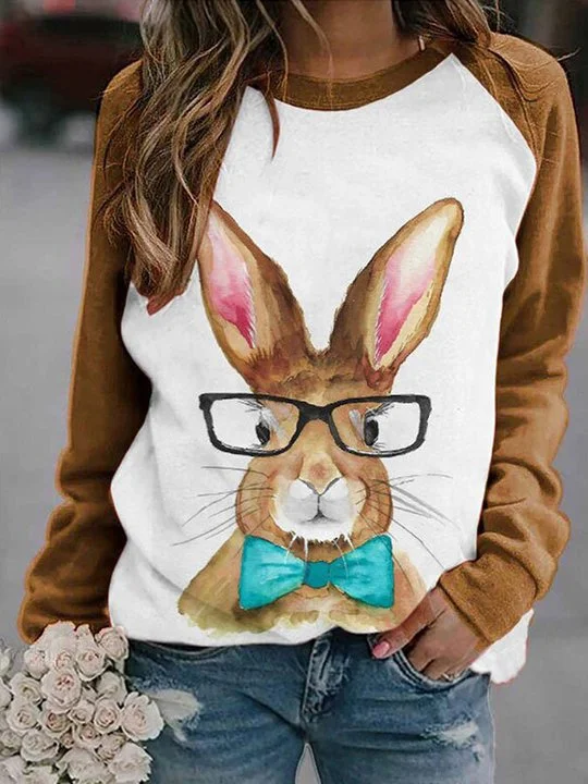 Easter Animal Print Crew Neck Long Sleeve Sweatshirt