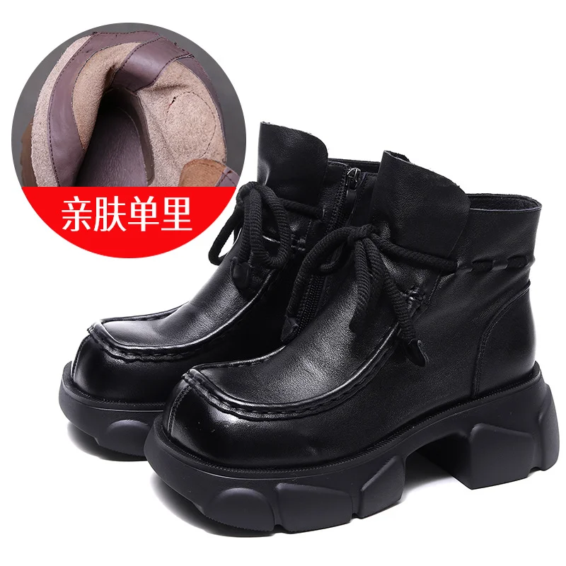 Yyvonne Layer Of Kraft Handmade Pine Cake Bottom Boots Women Autumn And Winter Retro New Bare Boots Thick Bottom Square Head Martin Boots New