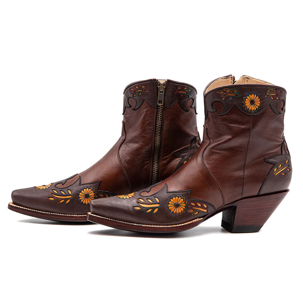 Brown Snip Toe Floral Embroidered Western Heeled Booties with Zipper