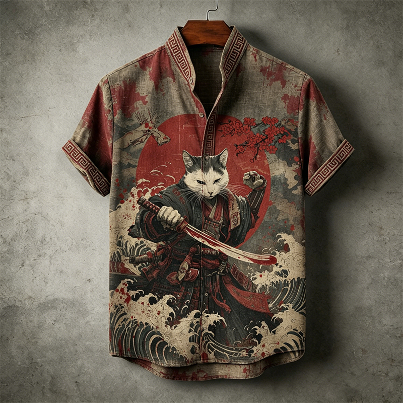 Comstylish Men's Japanese Bloody Cat Samurai Sea Waves Linen Shirt