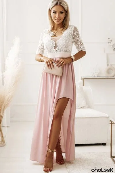 Lace Detail Half Sleeve Slit Dress