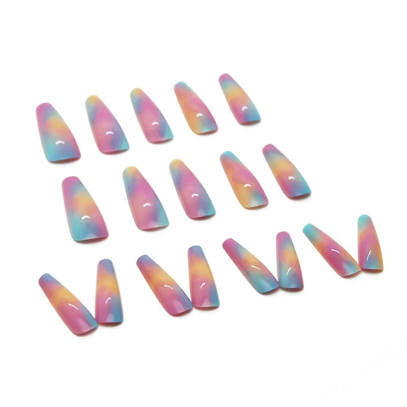 24pcs Rainbow fake nails with designs Long Coffin Ballerina False Nails Press On Nails with Glue Manicure Nail Accessory Tips