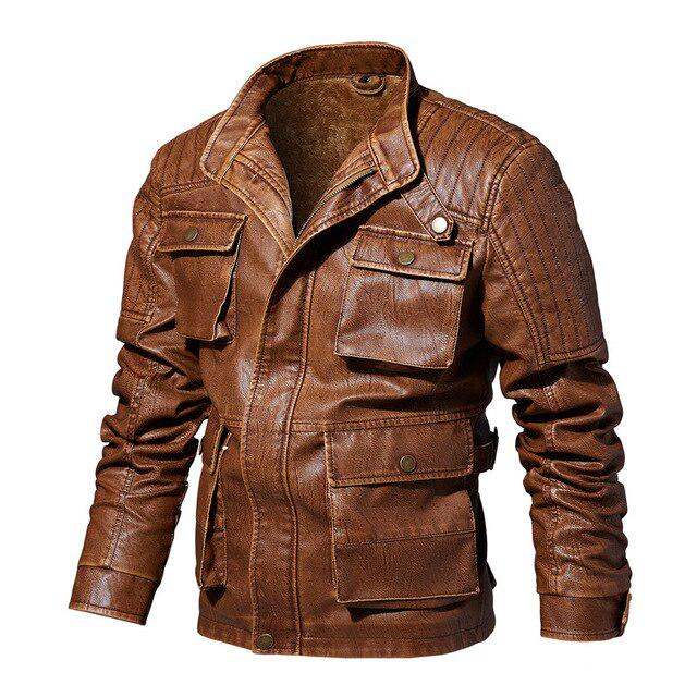 Autumn And Winter Men's Leather Jacket Warm Plus Velvet Coat Pu Multi-pocket Large Size High Quality