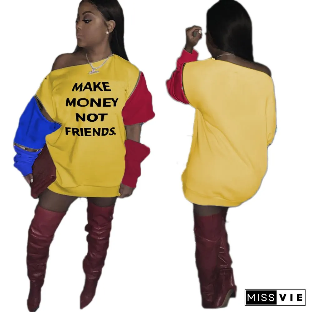 Letter Color Block Adjustable Sleeve Sweatshirt Dress