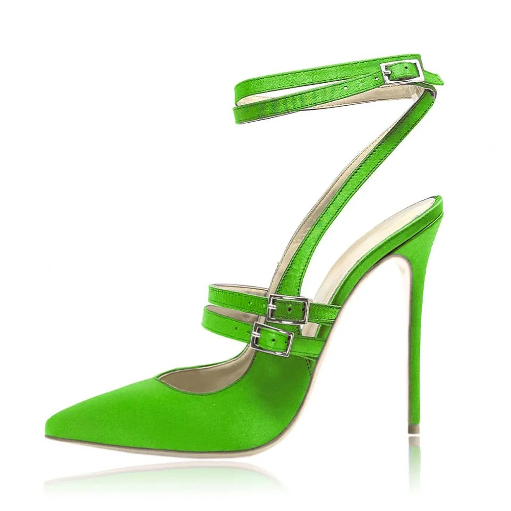 Green Satin Multiple Strap Buckle Pumps Shoes with Stiletto Heel