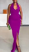 Women's V-neck Halter Neck Waist Slit Temperament Dress
