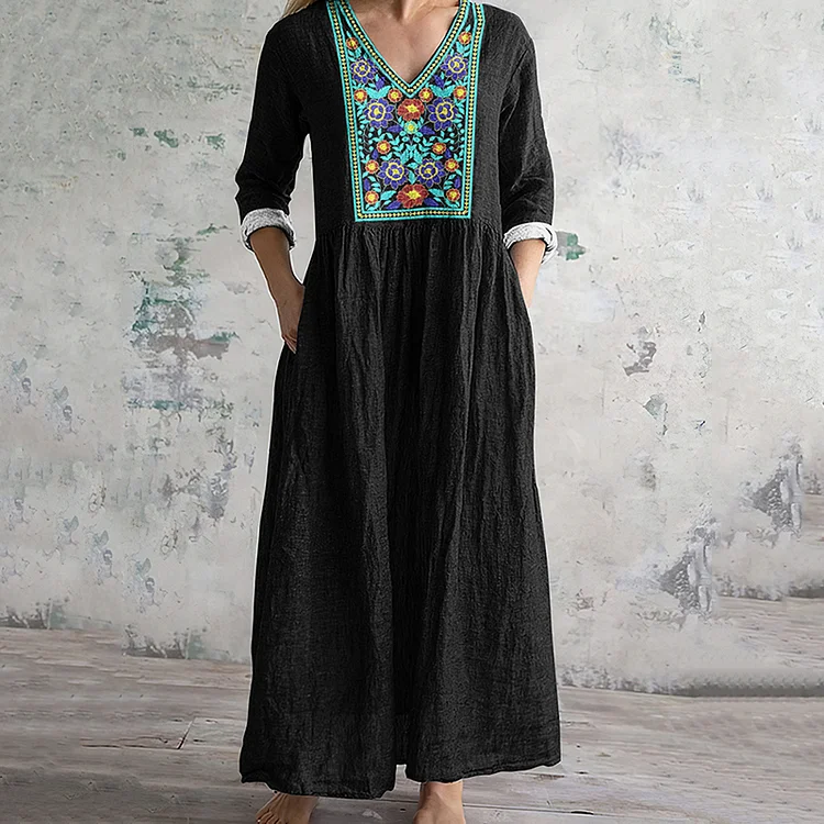 Simpfit Vintage Tribal Blumenstickerei Freizeitkleid