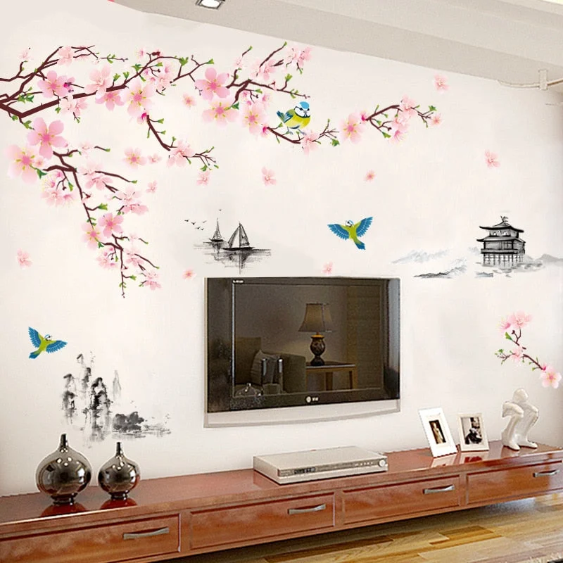 Flower Wall Stickers TV Sofa Wall Decals Birds Home Decor Tree Flower Home Decor Big Size