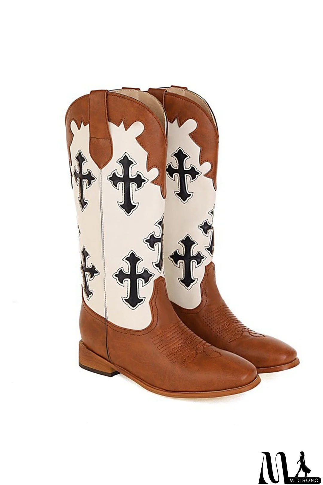 MidiSono - Cross Pattern Square Toe Knee High Boots