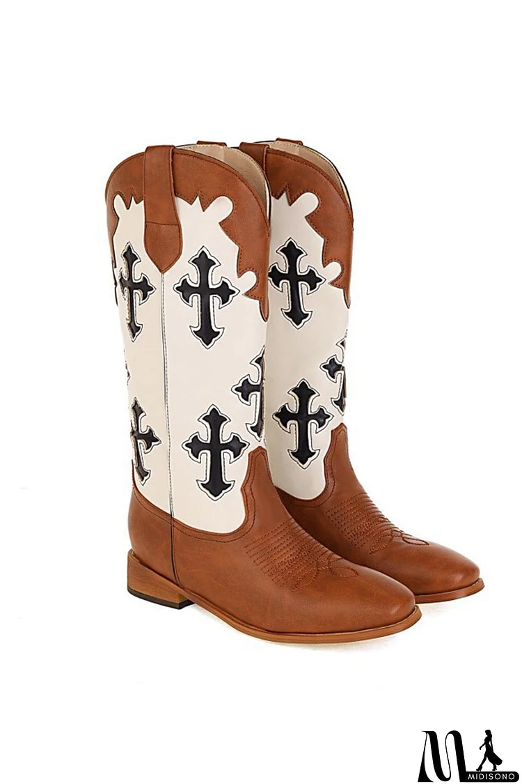 Cross Pattern Square Toe Knee High Boots
