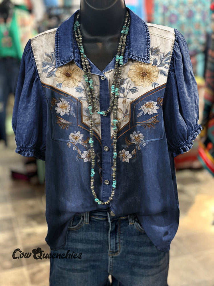 Western Vintage Floral Prints Casual Cotton Shirt Multicolor / S