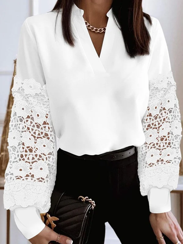 Long Sleeves Loose Hollow Solid Color Split-Joint V-Neck Blouses&Shirts Tops
