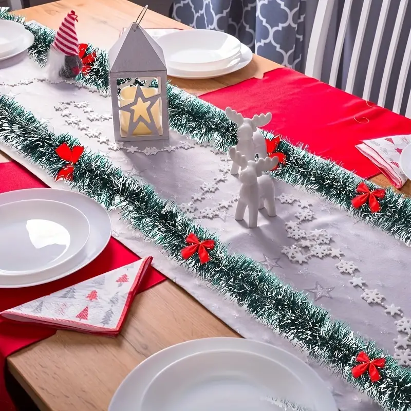 Tegooe Classic Christmas Tinsel Garland and Red Bow Set - Festive Tree Hanging Decorations