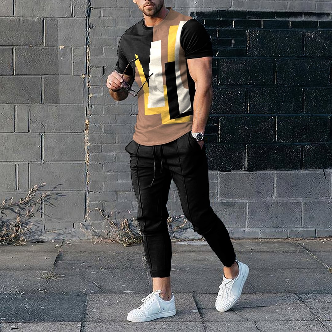 Casual Color Contrast Geometry Short Sleeve T-Shirt And Pants Co-Ord