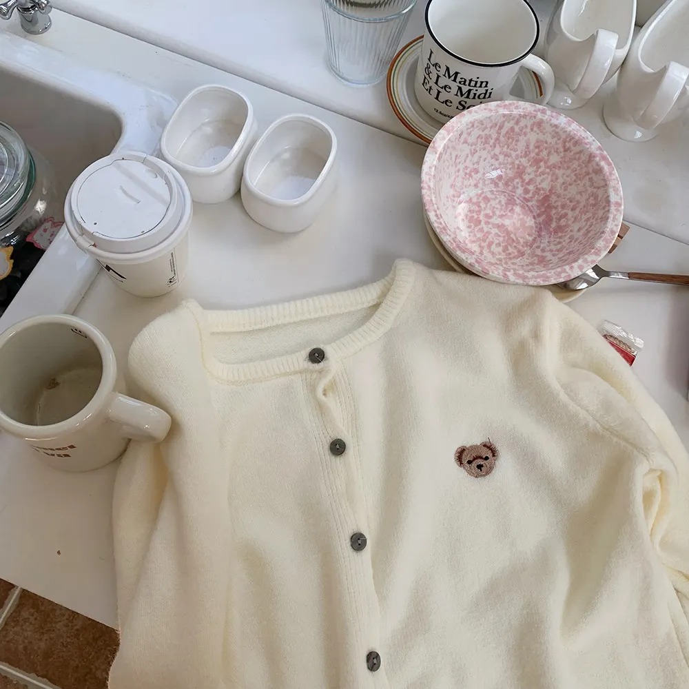 Churchf Churchf Sense Heavy Industry Embroidery Fashion Round Collar Color Buckle Sheep Wool Soft Waxy Pure Color Versatile Basic Knit Cardigan