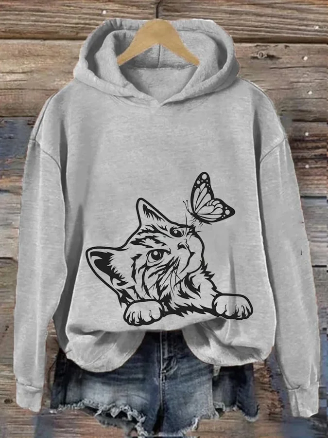 Women's Cute Cat with Butterfly Print Casual Hooded socialshop