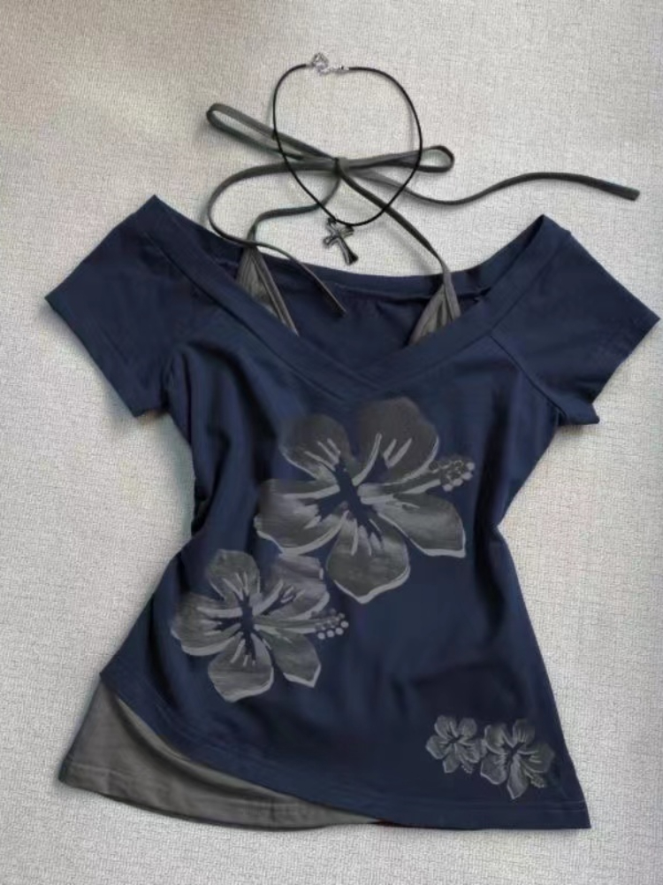 Aonga Summer Retro Purple Halter Fake Two Piece Print T-Shirt Women Y2K Streetwear Hot Girl Slim Fit Harajuku Fashion Casual Tops New aonga